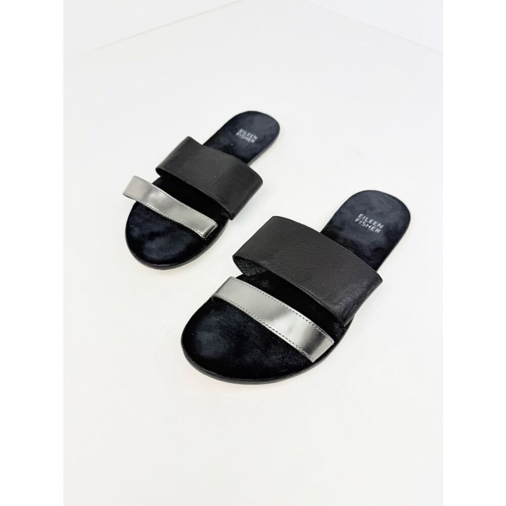 Eileen Fisher Black Leather Metallic Double Strap Slide Sandals